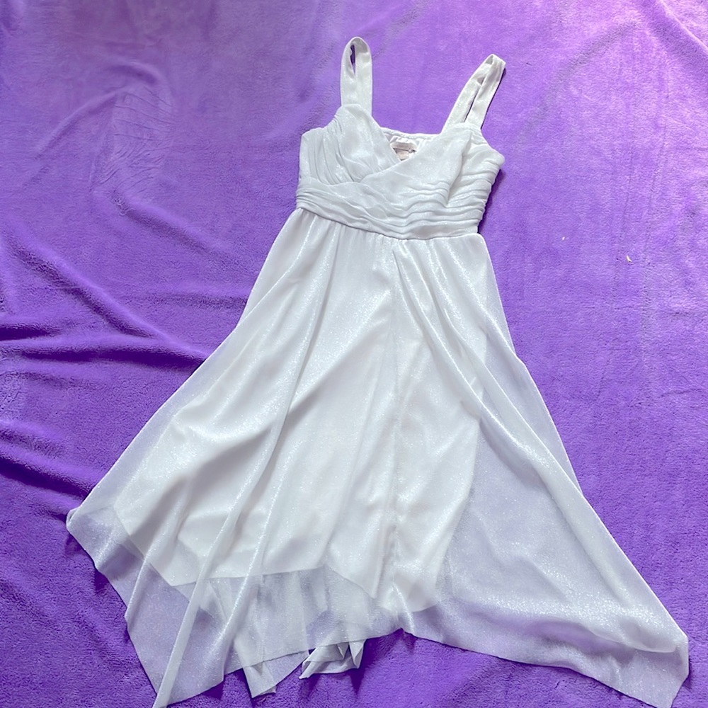 NWOT Silver/White Asymmetrical Hemline Dress Size 12. Fits like a 10.